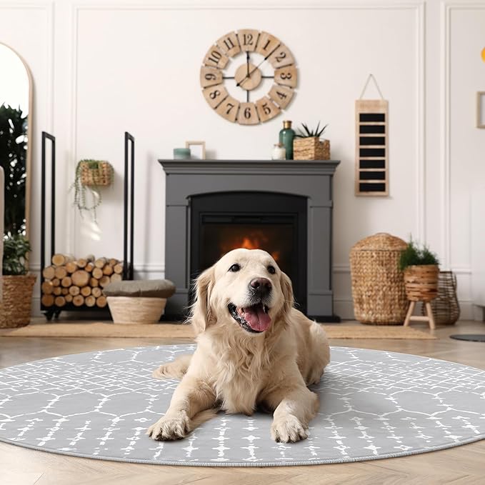 Lahome Moroccan Round Rugs - 6Ft Washable Circle Area Rug for Living Room Grey Non-Slip Stain Resistant Dining Room Rug Large Circle Rug, Modern Geometric Print Indoor Round for Bedroom Entryway