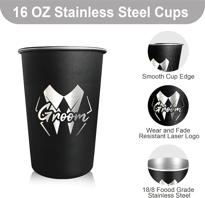 PartyGifts&beyond Groomsmen Gifts 7Pcs Groom Cups 16 Oz Groom Squad Cups for Bachelor Party Favors Stainless Steel Groomsmen Tumbler (LJ-Struggle)