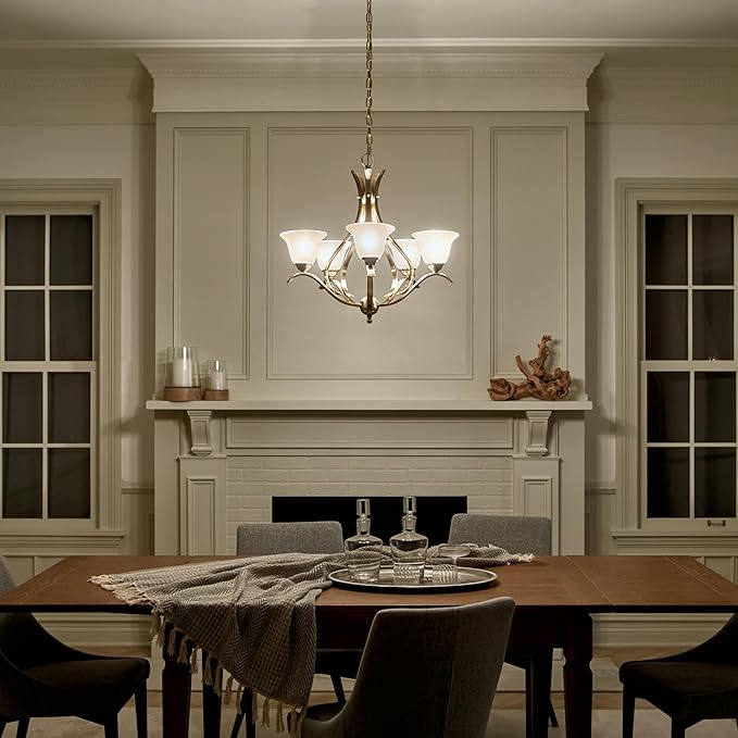 Kichler Dover 5-Light Chandelier in Antique Brass, Alabaster Swirl Glass, Traditional Style, (23" H x 24" DIA), 2020AB