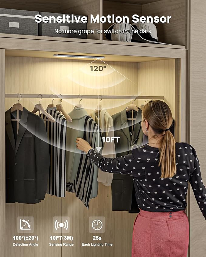Under Cabinet Lights Wireless, 12'' Rechargeable Motion Sensor Light Indoor, 3 Color Temperature Dimmable Closet Lighting with Remote, Under Counter Lights for Kitchen, Pantry, Stairs, Wardrobe