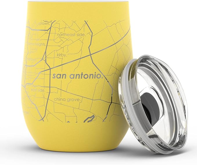 Well Told Engraved San Antonio Texas Map Insulated Wine Tumbler, Etched Stainless Steel Cup (12 oz, Sunrise Yellow) City Map Insulated Tumbler, Custom Insulated Tumbler, Outdoor Drinkware