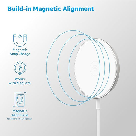 AT&T 15W Qi Wireless Charging Pad with Secure Magnetic Alignment, Qi Certified Fast Charger for iPhone, Android, Pixel, USB-C Input, Case-Friendly, Desk or Nightstand Use - White