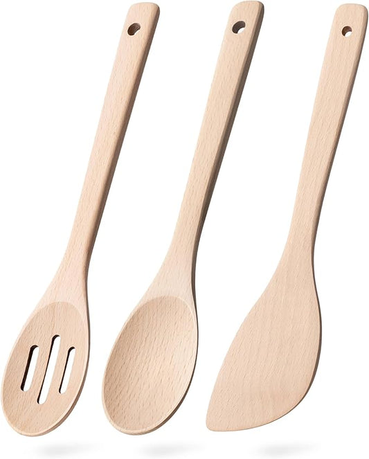 Wooden Spoons for Cooking, 3-Piece Wood Utensil Set Includes Slotted Spoon, Spoon & Wooden Spatula for Cooking – Uncoated Beech Wood Kitchen Utensil Set – 12 Inch Hardwearing Tools
