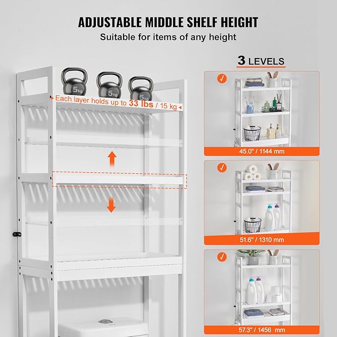 VEVOR Over The Toilet Storage, 3-Tier Adjustable Over Toilet Bathroom Organizer, Bamboo Storage Shelf Rack with 3 Hooks, Freestanding Easy Assembly Laundry Space Saver, Fit Most Toilets, White