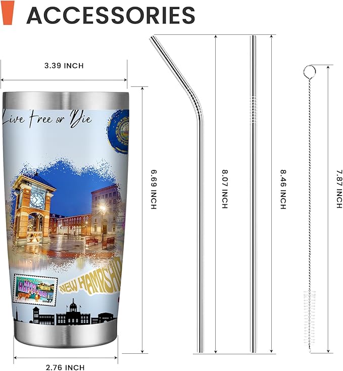 20oz Insulated Tumbler New Hampshire State Coffee Mug, United States Map Travel Mug Landmark, Birthday Gifts Cute Custom Tumbler Cups with Lid and Straw Gifts for Mom