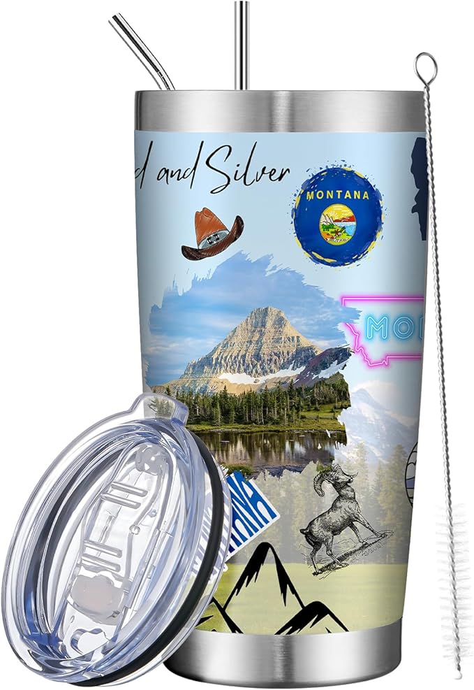 20oz Insulated Tumbler Montana State Coffee Mug, United States Map Travel Mug Landmark, Birthday Gifts Cute Custom Tumbler Cups with Lid and Straw Gifts for Mom