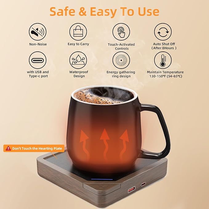 Coffee Mug Warmer Set: Coffee Warmer for Desk Auto Shut Off Candle Warmer Plate Coffee Cup Warmer Heated Coffee Mug for Coffee,Tea, Milk Up to 131°F/55°C, Wood Grain with Black Mug