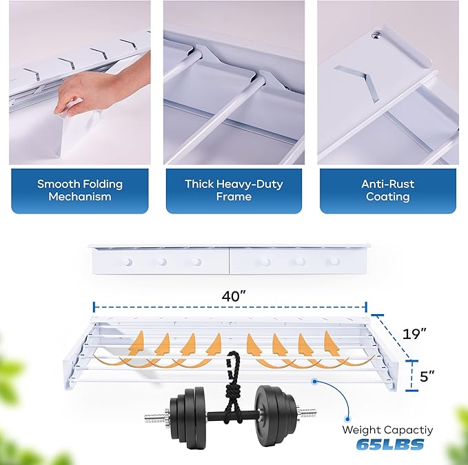 40" Premium Aluminum Foldable Clothes Drying Rack Included Shelf with 6 Rods & 6 Extra Clips - Large Laundry Rack | 65 LBs Capacity Space-Saving Collapsible Design for Indoor Outdoor Use