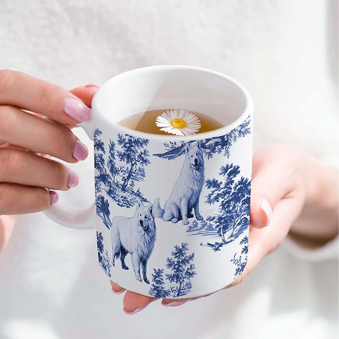 Samoyed Blue French Toile Mug, Samoyeds Lover Gifts for Women, Blue Chinoiserie Toile Coffee Cup for Samoyed Mom, Dog Lovers Tea Coffee Mug Birthday Gifts for Dog Owners, 11oz
