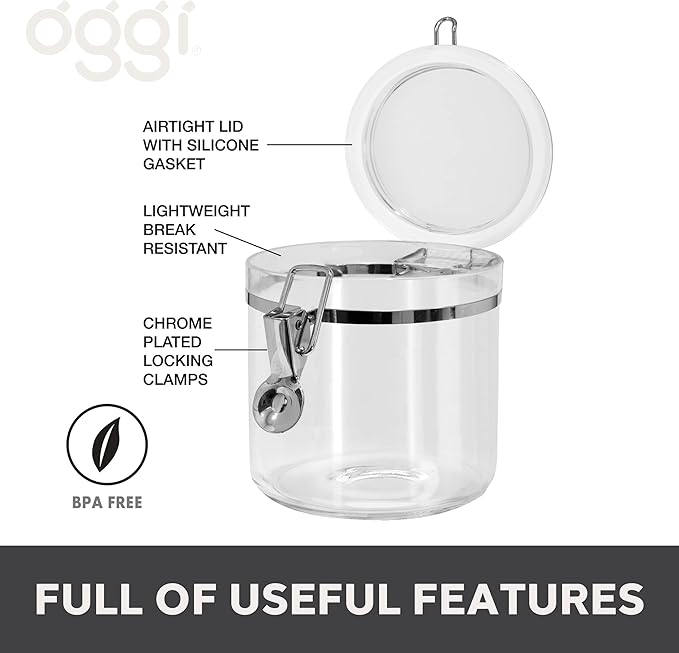 Oggi Clear Canister with Clamp Lid, 38 oz - Large Airtight Food Storage Container, for Kitchen & Pantry Storage of Bulk, Dry Foods Including Pasta, Flour, Sugar, Coffee, Rice, Tea, Spices & Herbs