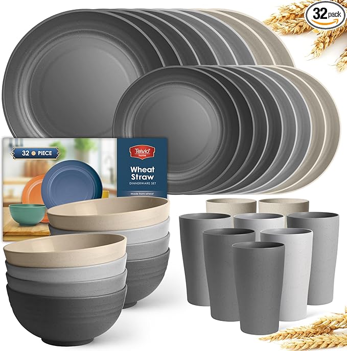 Teivio 32-Piece Kitchen Plastic Wheat Straw Dinnerware Set, Service for 8, Dinner Plates, Dessert Plate, Cereal Bowls, Cups, Unbreakable Colorful Plastic Outdoor Camping Dishes, Gray Stone