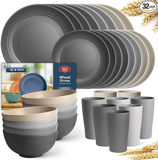 Teivio 32-Piece Kitchen Plastic Wheat Straw Dinnerware Set, Service for 8, Dinner Plates, Dessert Plate, Cereal Bowls, Cups, Unbreakable Colorful Plastic Outdoor Camping Dishes, Gray Stone