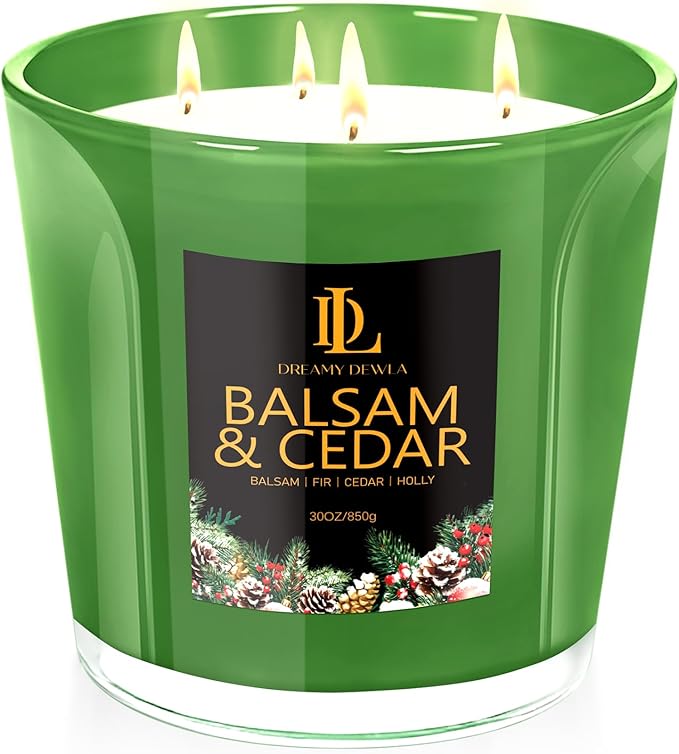 Large Christmas Candle Balsam & Cedar Scented, 4 Wick Natural Soy Candles for Home Scented, 30oz Big Holiday Candle Long Lasting, Aromatherapy Candles Christmas Gifts for Women Men