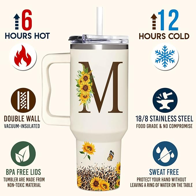 Personalized Birthday Gifts For Women - Sunflowers Monogrammed Cup For Boss Day, Christmas - Customized Gifts For Women, Mom, Wife, Coworkers, Boss Lady, Her - Custom Tumbler With Handle 40oz