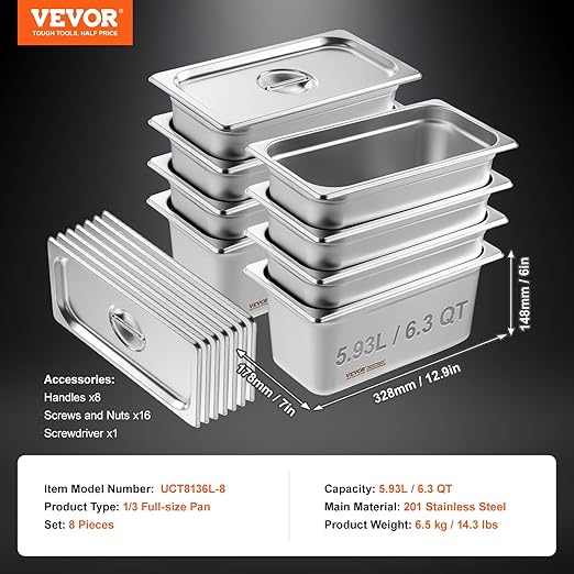 VEVOR 8 Pack Hotel Pans with Lids, 1/3 Size Anti-Jam Steam Pan, 0.8mm Thick Stainless Steel Steam Table Pan, 6-Inch Deep Commercial Table Pan, Catering Storage Food Pan, for Industrial & Scientific