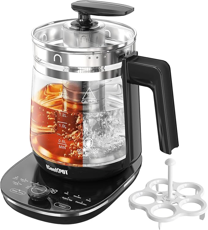 Hot Tea Maker Glass Electric Kettle with Infuser and Temperature Control,1.5L Stainless Steel 1200W Rapid Boiling,Programmable Control for your Favorite Teas and Coffee,Black