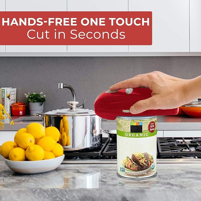 Electric Can Opener - No Sharp Edge Handheld Can Opener - Battery Operated Can Opener - Easy One-Touch Operation - Automatic, Food Safe, Hands Free, Smooth Edge (Red)