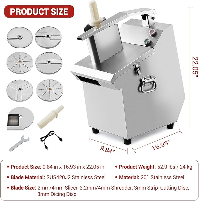 Commercial Food Processor 550W with 2 Feeding Holes, Stainless Steel Electric Vegetable Processor Detachable 6 Blades 2.2mm/4mm Shred, 2mm/4mm Slice, 3mm Strip Disc and 8mm Dicing Disc