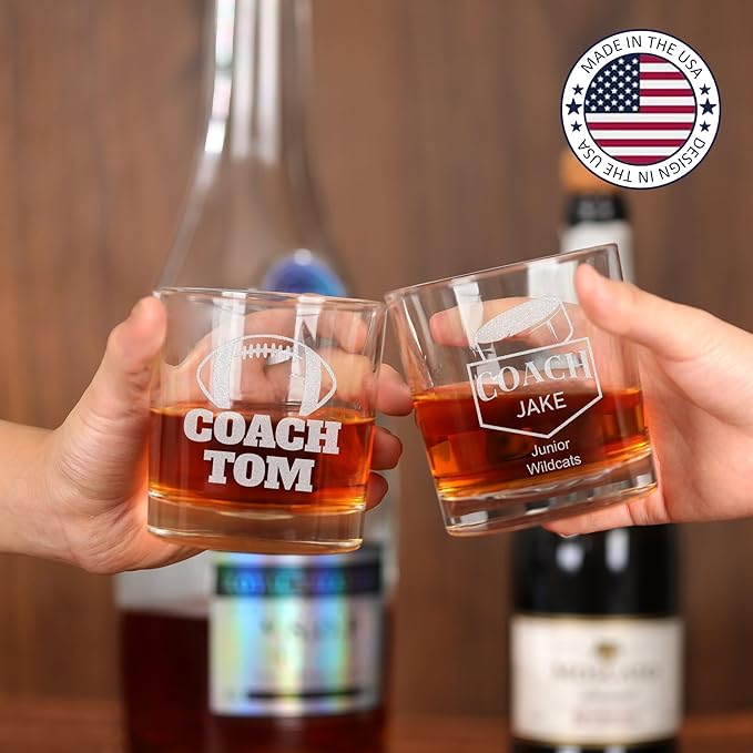 Personalized Coach Gifts for Men, Custom Whiskey Glass with Engraved Name, Soccer Football Softball Volleyball Coach Gifts Wrestling Gymnastics Coach Gift