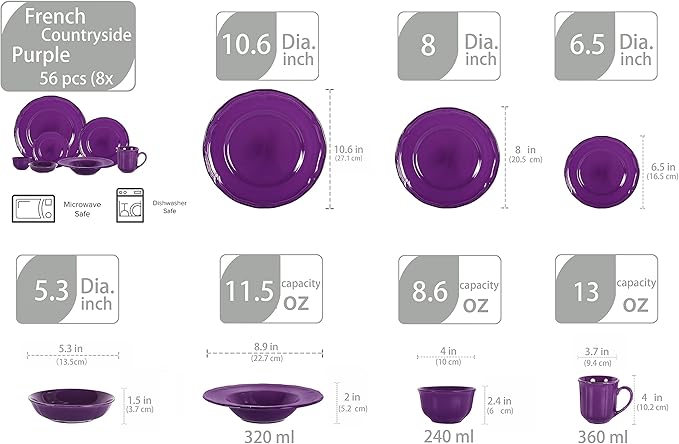 56pc Dinnerware Set, Plate and Bowl Set, Stoneware Dishes Set for 8, Microwave and Dishwahser Safe, Scratch Resistant, French Countryside Speckled Antique Purple
