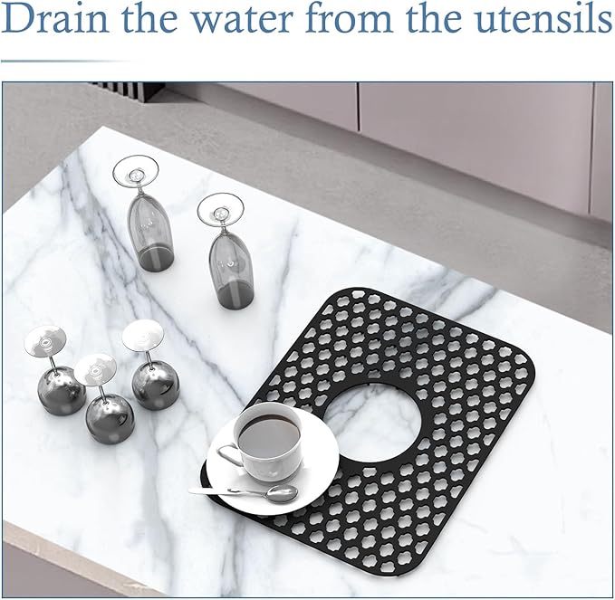 2 Pack Silicone Sink Protector for Kitchen Sink Bathroom, 13.58"x 11.6" Heat-resistant Sinks Mat, Non-Slip and Durable Sinks Protectors Silicone, Center Drain (Black)