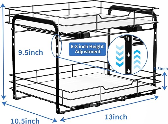 2-Tier Pull Out Spice Rack, Spice Rack Organizer, Pull Out Spice Racks for Inside Cabinets, Height Adjustable Heavy Duty Metal Basket for Inside Cabinet & Pantry (13.5''Wx10.5''Dx9.5''H)