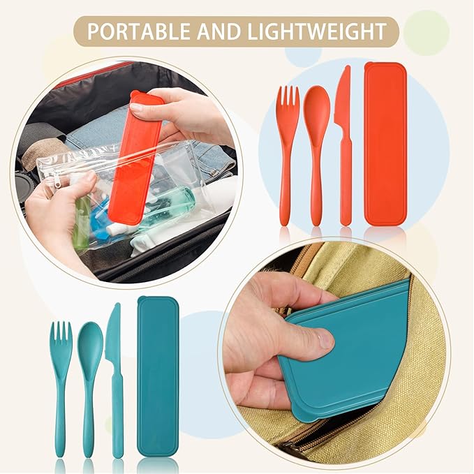 Jinei 50 Sets Reusable Travel Utensils Set with Case Wheat Straw Cutlery Portable Spoon Knife Forks Lunch Box Accessories Friendly Tableware for Kids Adults Camping Utensils(Elegant)