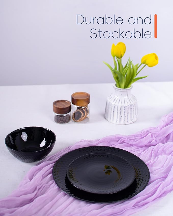 Dinnerware Sets for 4, Light & Durable 12 Pieces Opal Glass Plates and Bowls Set, Dishwasher and Microwave Safe Ribbed Dish Dinning Ware, Thin but Strong Geometric Faceted Black