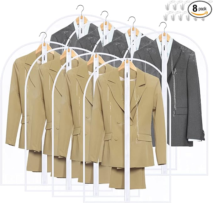 Garment Bags for Hanging Clothes, SMINDER Clear Plastic Bags Full Zipper Suit Bags PEVA Breathable Lightweight Garment Covers for Closet Storage, Suitable for Shirts, Jackets, Gowns (24" x 40"/8 Pack)