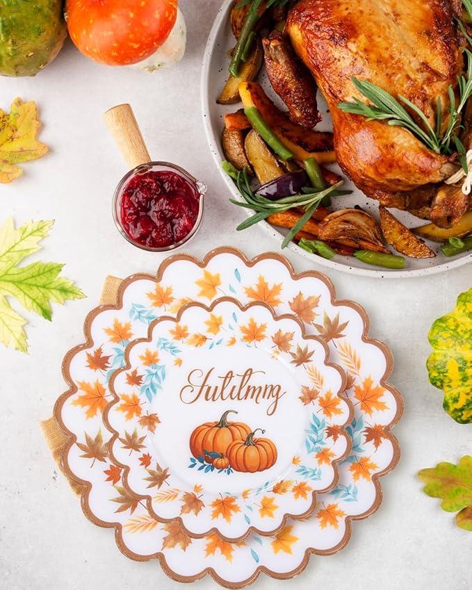 Supernal 60pcs Thanksgiving Plastic Plates Heavy Duty,Fancy Scalloped Plates with Fall Pumpkin and Autumn Maple Leaves, Include 30 Dessert Plate&Dinner Plastic Plate for Thanksgiving Party