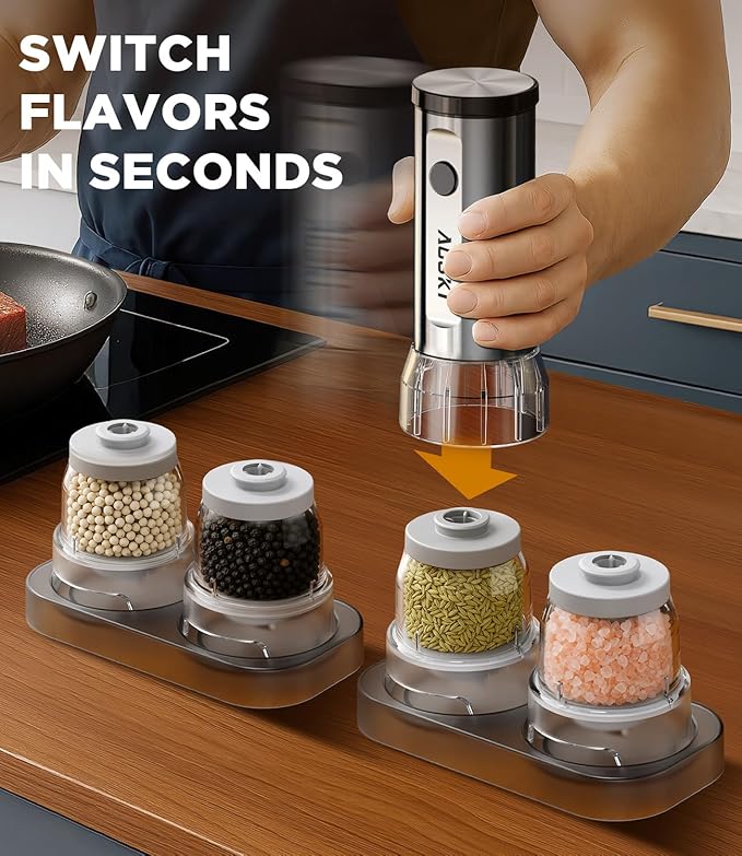 Electric Salt and Pepper Grinder Set: 1 Grinder + 2 Replaceable Jars - Stainless Steel & Separate Hoppers - For Gourmet Sessions - Prevents Spice Mixing for Foodies (1 Grinder + 2 Jars)