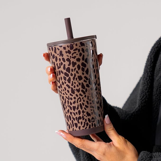 HydroJug Everyday Tumbler 20 oz – Ceramic-Lined Insulated Tumbler with Straw and Soft-Touch Lid, Cup Holder Friendly, Double-Wall Vacuum Insulation, Reusable Travel Cup – Brown Leopard