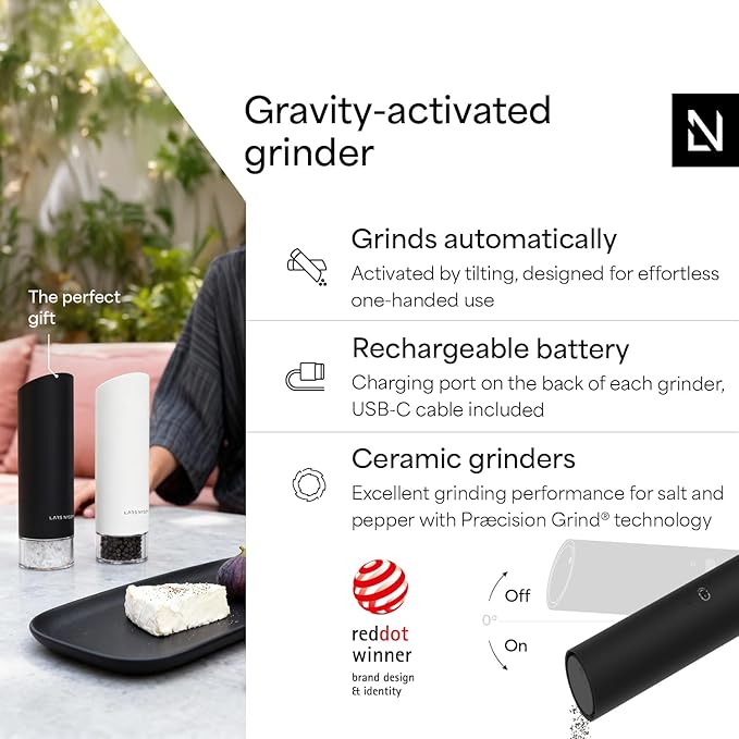 LARS NYSØM Gravity Grinder - Electric Salt & Pepper Grinder Set - USB-C Rechargeable Automatic Spice Grinder, Adjustable Coarseness, One-Handed Operation for Kitchen (Black/White)