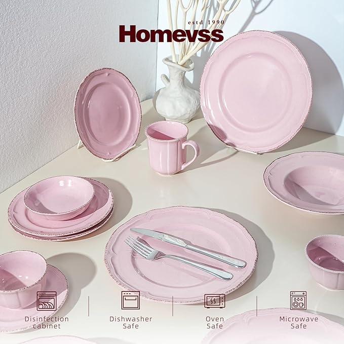 56pc Dinnerware Set, Plate and Bowl Set, Stoneware Dishes Set for 8, Microwave and Dishwahser Safe, Scratch Resistant, French Countryside Speckled Antique Pink