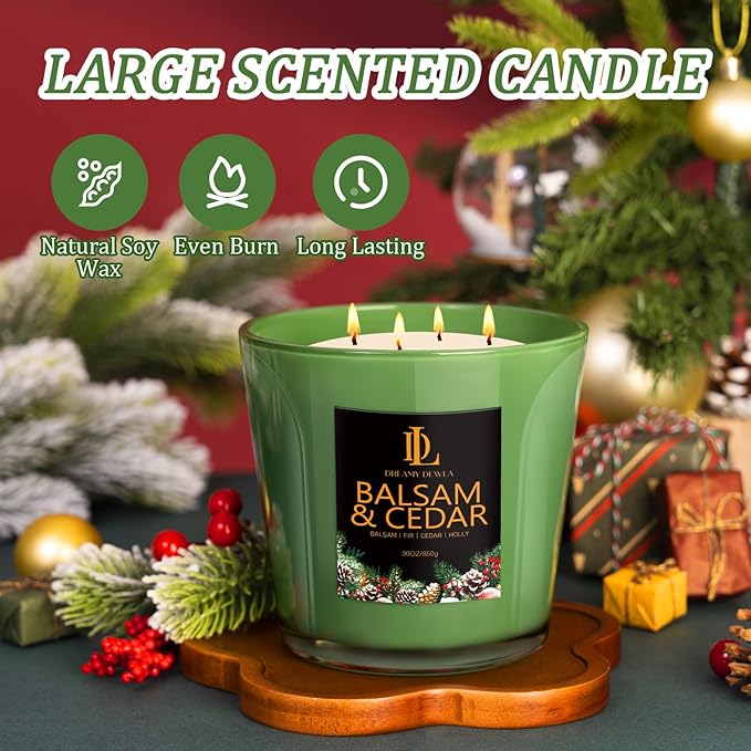 Large Christmas Candle Balsam & Cedar Scented, 4 Wick Natural Soy Candles for Home Scented, 30oz Big Holiday Candle Long Lasting, Aromatherapy Candles Christmas Gifts for Women Men