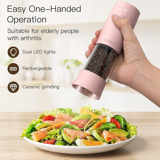 Ultrean Electric Salt and Pepper Grinder Set, Rechargeable Salt and Pepper Shakers, 6 Adjustable Coarseness, LED Light, Kitchen Gadget & Christmas Gifts, Pink