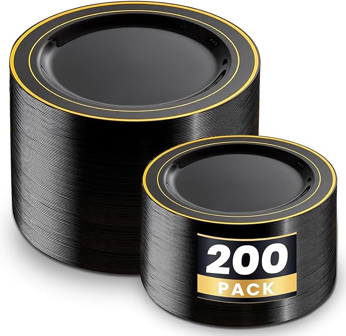 WDF 200PCS Black and Gold Plastic Plates - Black Plates Disposable for Party - Heavy Duty Plastic Plate for New Year