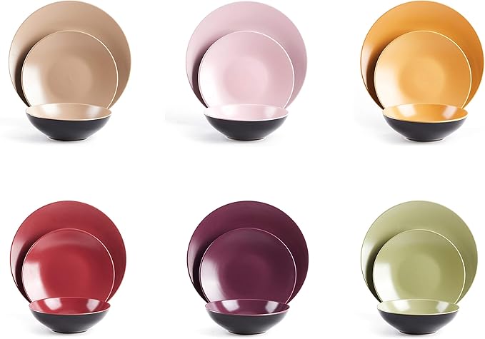 Colors Life 18pc Dinnerware Set，Outside Shinny Black + Inside Matte Finished Color Very Berry