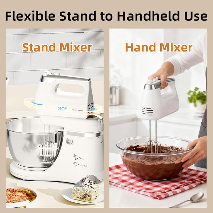 Stand Mixer Hand Mixer Electric Kitchen - 4.8 QT Smart Auto-Rotating Bowl & Beater Standing Mixer, 5-Speed Tilt-Head Household Mixer with Beaters & Dough Hooks for Baking,White