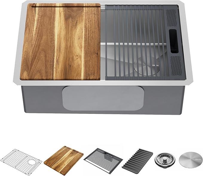 DELTA FAUCET 95B932-27S-SS Lorelai Workstation Kitchen Sink Undermount Stainless Steel Single Bowl with WorkFlow Ledge and Chef’s Kit of 6 Accessories