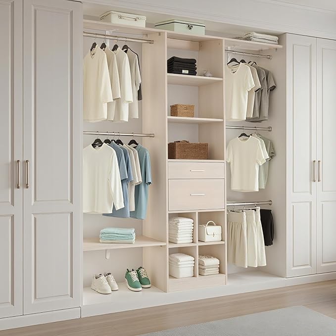 VEVOR Closet System with 2 Drawers, Adjustable Height Wooden Closet Organizers, Modern Walk-in Wardrobe Organization with 5 Retractable Clothes Hanger Rods, Freestanding Garment Rack Storage, Oak
