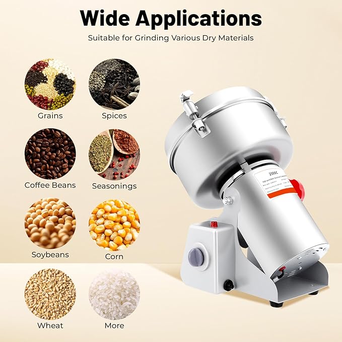 2500g Electric Grain Grinder Mill, 4500W Dry Cereals Pulverizer Commercial Superfine Grinding Machine High Speed Multi-Function Grain Grinder 50-300 Mesh Timing 1-5 Minutes (2500g/4500W)