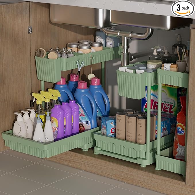 3 Pack Multi-Purpose Under Sink Organizers and Storage, 2025 L-Shaped Pull Out Cabinet Organizer for Bathroom & Kitchen, Under Cabinet Organizer with Hooks Hanging Cup, Green, 14.85 inch