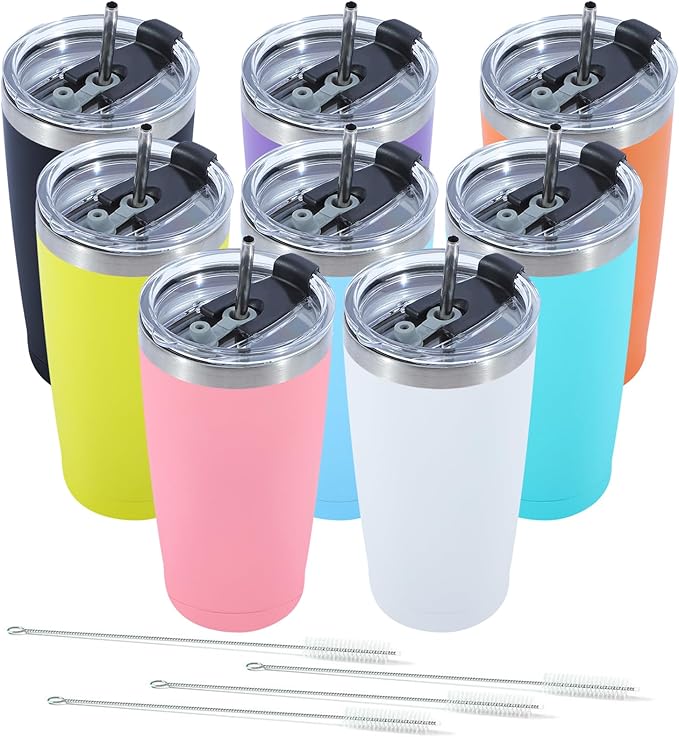 Dongni 20oz Tumbler Bulk Stainless Steel Vacuum Insulated Tumblers with Lid Double Wall Travel Mug Powder Coated Coffee Cup, Suitable for Ice Drinks and Hot Beverage（Mix 8 pack）