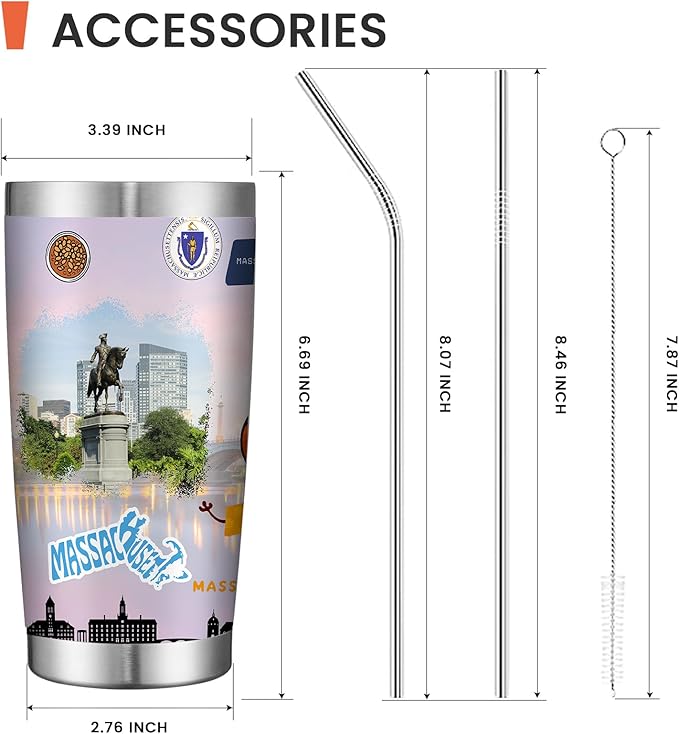 20oz Insulated Tumbler Massachusetts State Coffee Mug, United States Map Travel Mug Landmark, Birthday Gifts Cute Custom Tumbler Cups with Lid and Straw Mothers Day Gifts