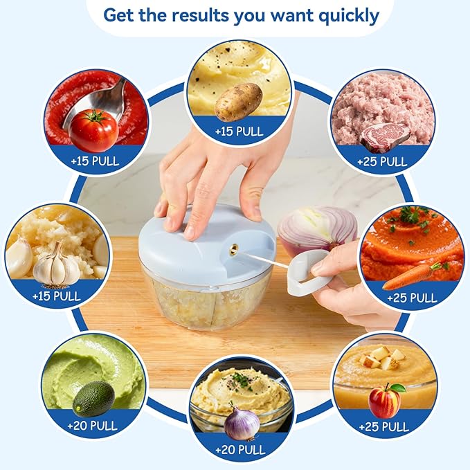 Manual Food Processor Vegetable Chopper, Portable Hand Pull String Garlic Mincer Onion Cutter for Veggies, Suitable for Vegetables, Ginger, Garlic, Fruits, Onion, Potato, Salad (Blue 500 ml)