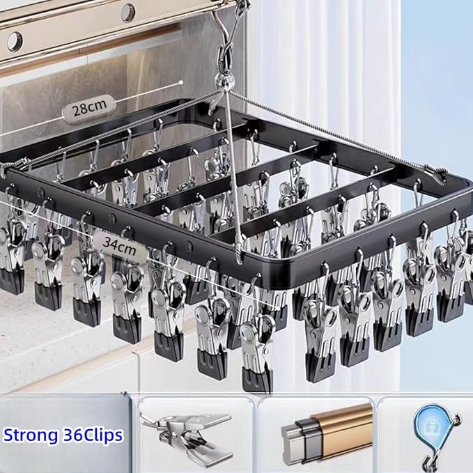 Clothes Drying Racks Clip Hangers Metal with 36 Clips Windproof Hook Underwear Hanger Foldable Laundry Clip for Socks Bras Black
