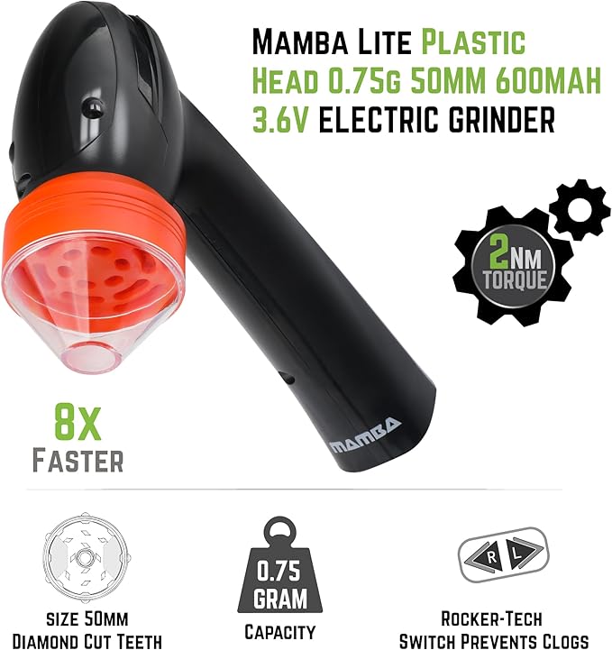 Mamba Lite 0.75g Orange All Plastic Head USB Electric Herb Grinder. Small Portable Herbal Machine & Spice Mill for the Kitchen
