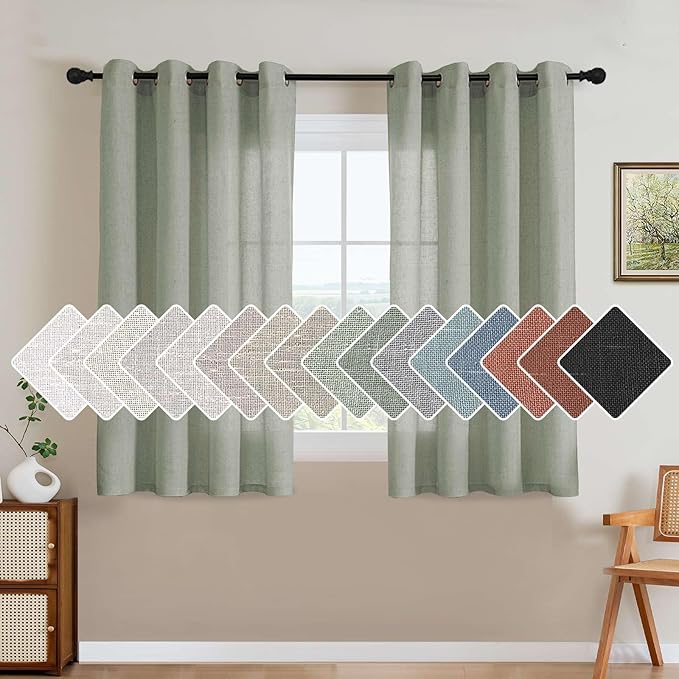 H.VERSAILTEX Living Room Linen Curtains - Semi Sheer, Nickel Grommet, Energy Saving, Light Filtering Window Treatments - Sea Grass, 2 Panels, 52 x 84 Inch