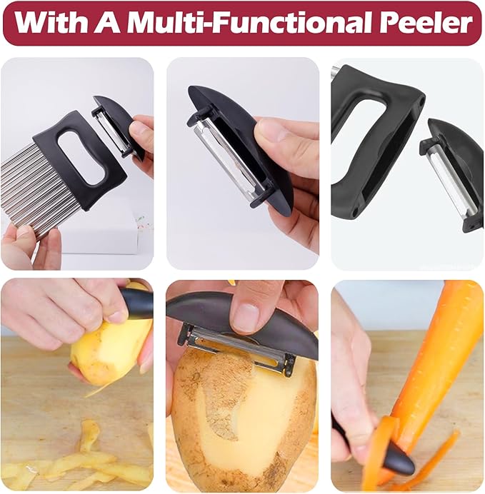 JAYVAR 2 In 1 Crinkle Cutter with Peeler – Stainless Steel Wave Potato Cutter, Crinkle Cut French Fry Slicer for Veggies, Cucumber Slicer Wavy Chopper Vegetable Cutting, Vegetable Peeler for Kitchen